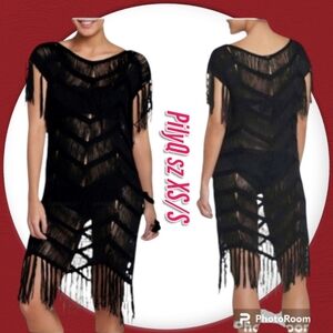 PILYQ MIDNIGHT Crochet Fringe Swimsuit Cover Up Black Dress